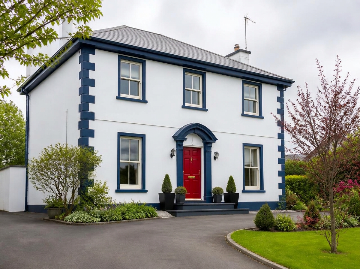 Freshly painted white home with navy trim