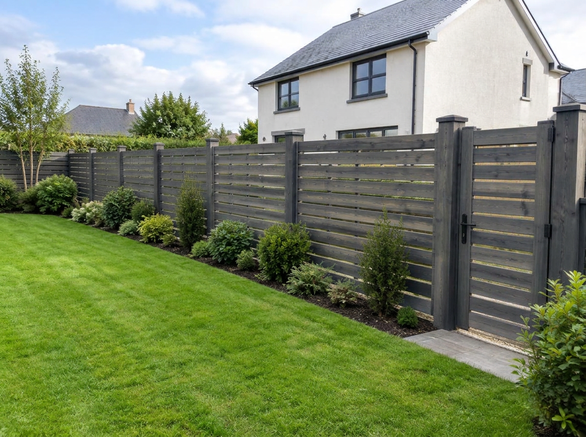 Charcoal horizontal timber fencing and matching gate with planted borders