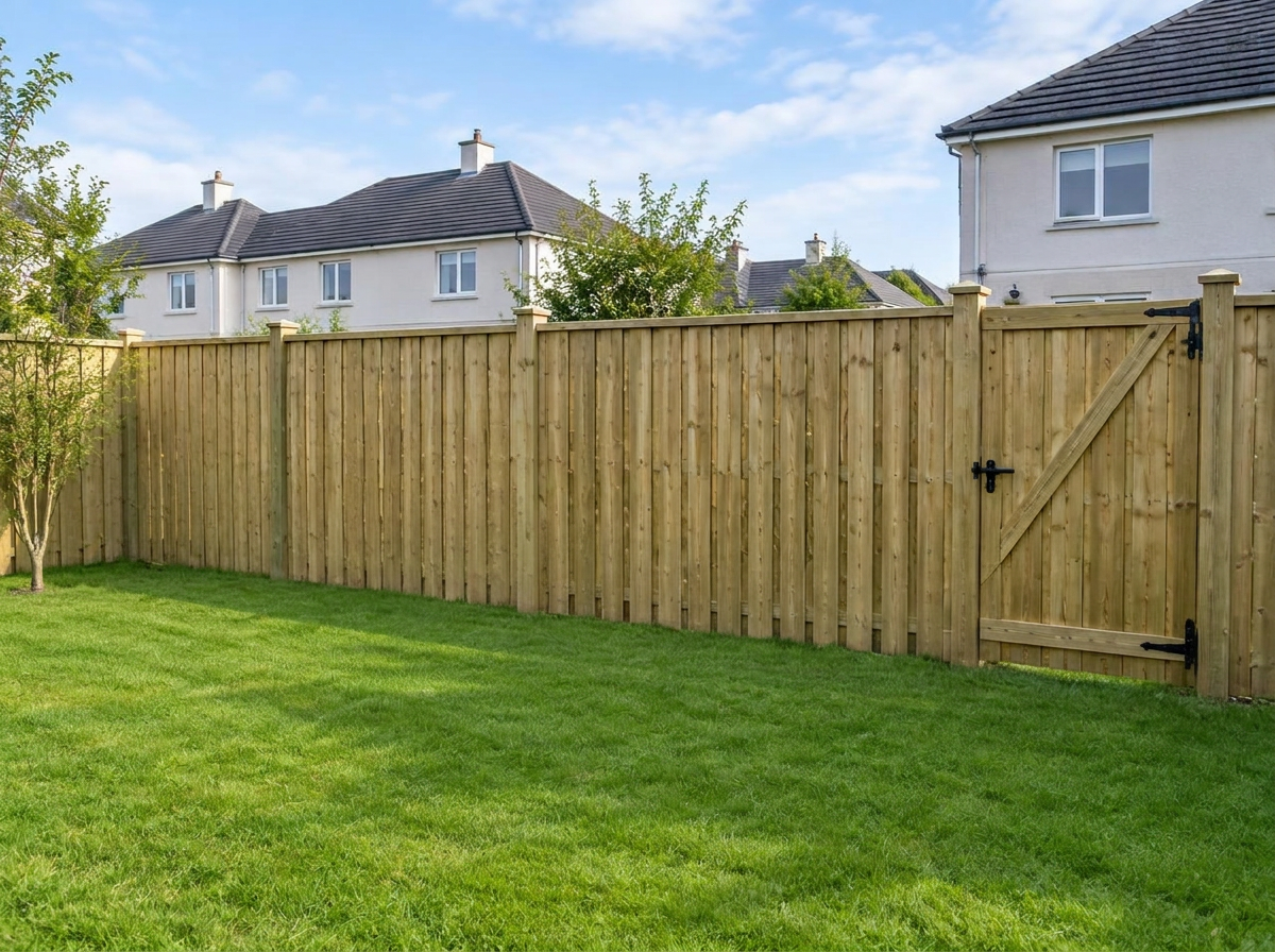 Natural timber fencing and matching gate beside a simple lawn