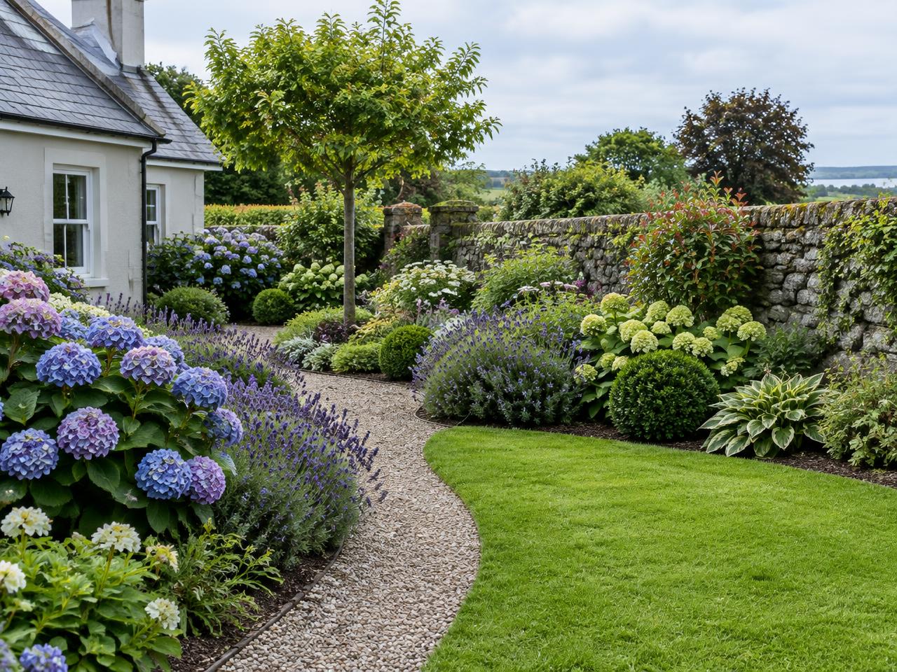 Planted garden borders with lavender and a curved gravel path