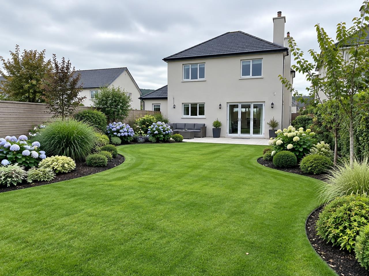 Landscaped garden with a manicured lawn and hydrangea borders
