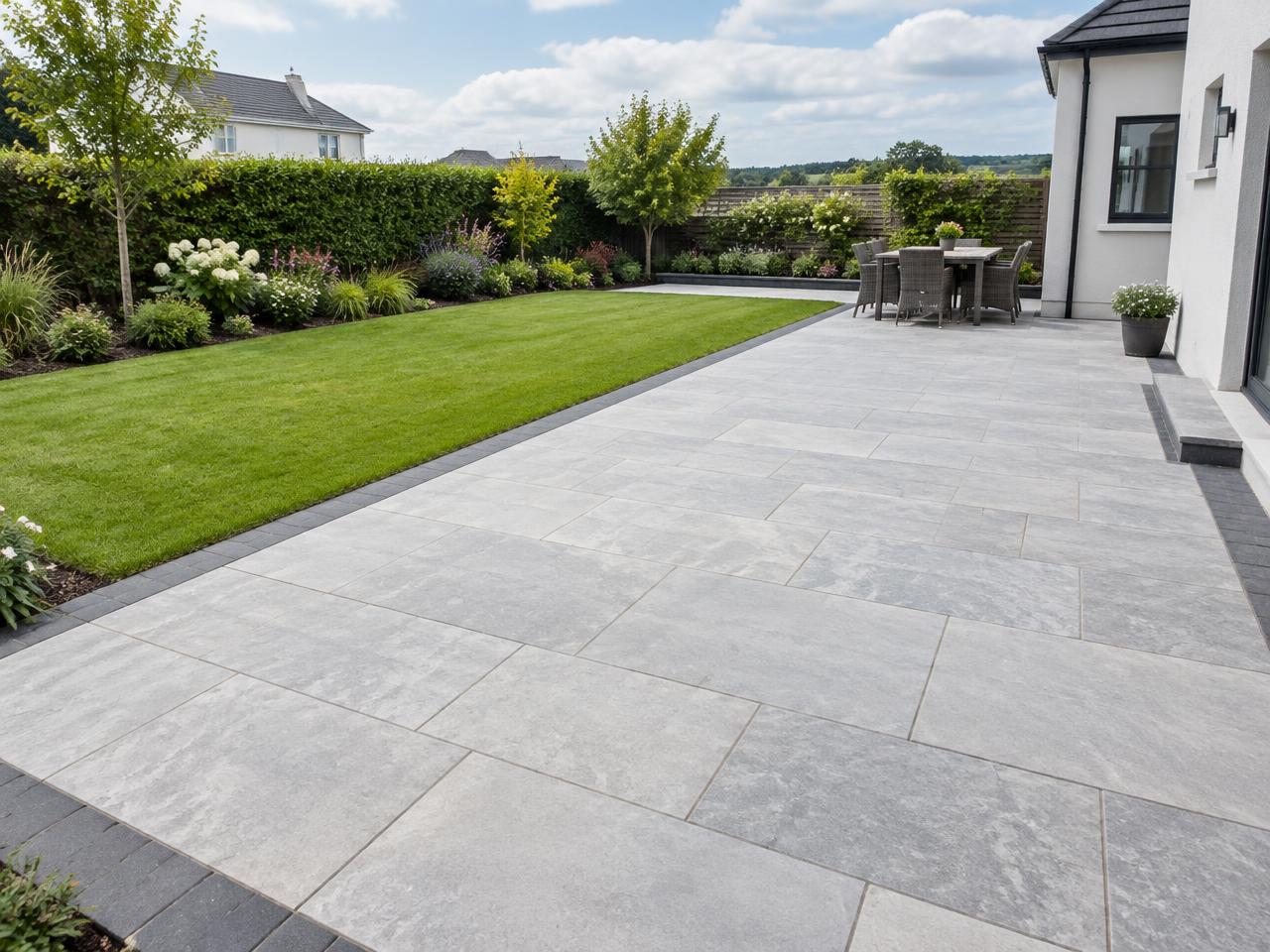 Grey paved patio with crisp edging beside a garden lawn