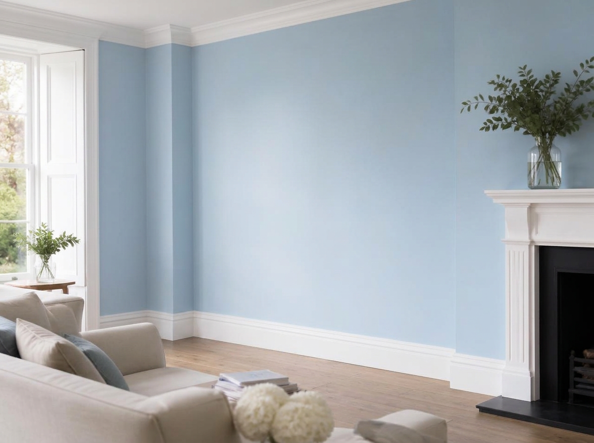 Freshly painted pale blue living room